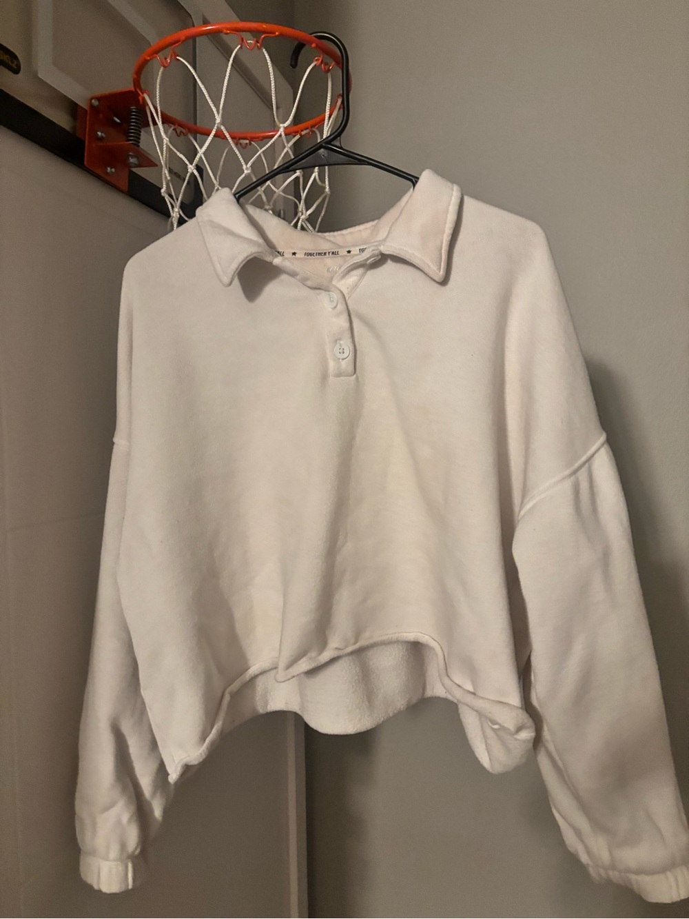 aerie White Cropped Collared Pullover Sweatshirt